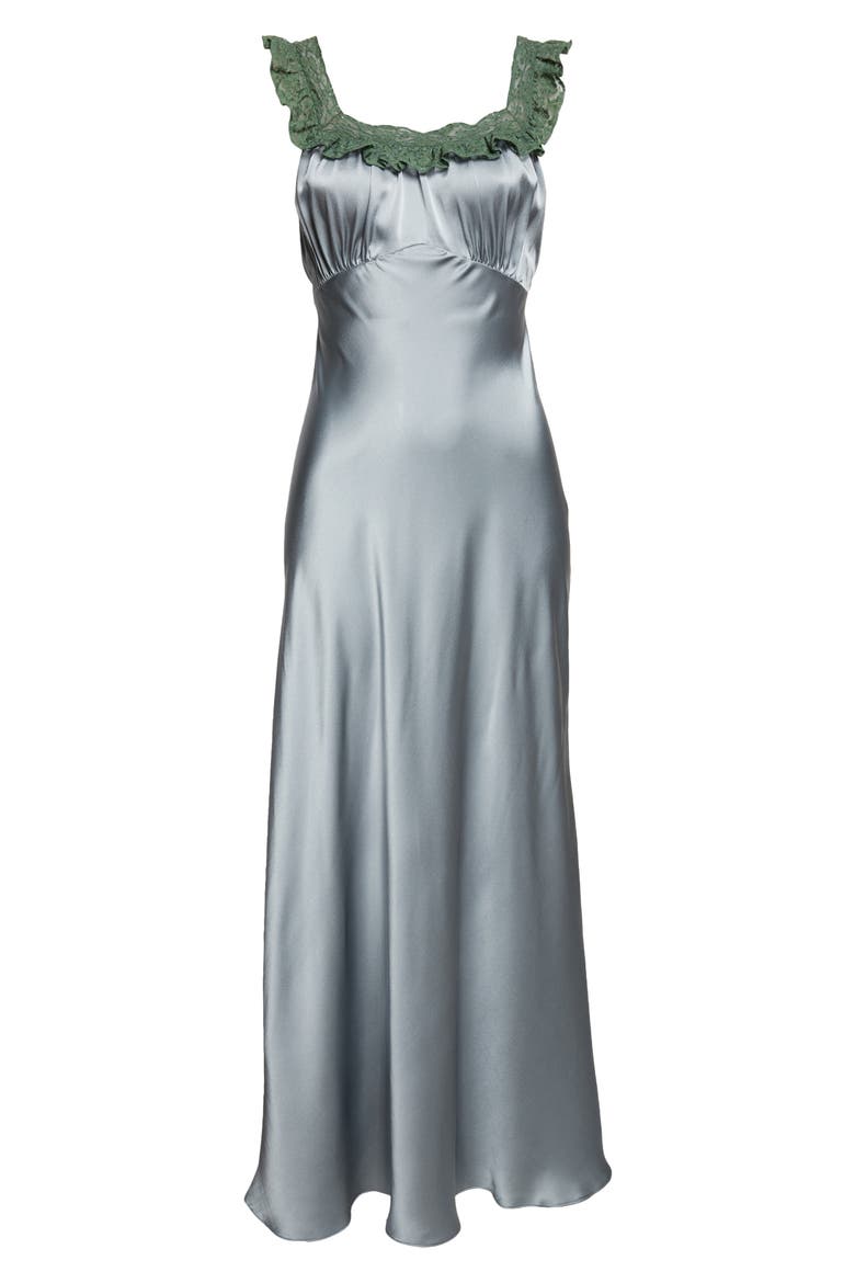 Lace Trim Silk Satin Column Dress, Alternate, color, ASH BLUE