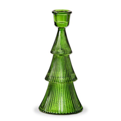 Large Green Glass Ribbed Taper Candle Holder - Elegant Decor