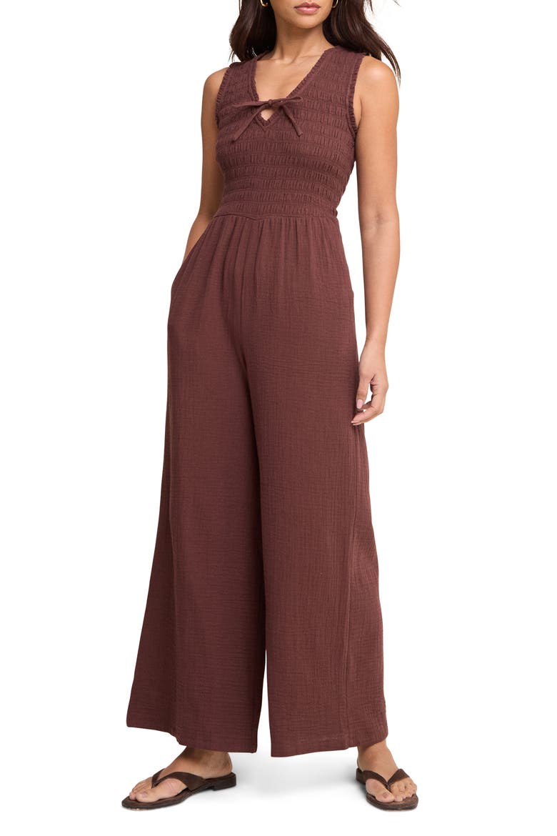 Jayda Smocked Wide Leg Jumpsuit, Main, color, BROWN
