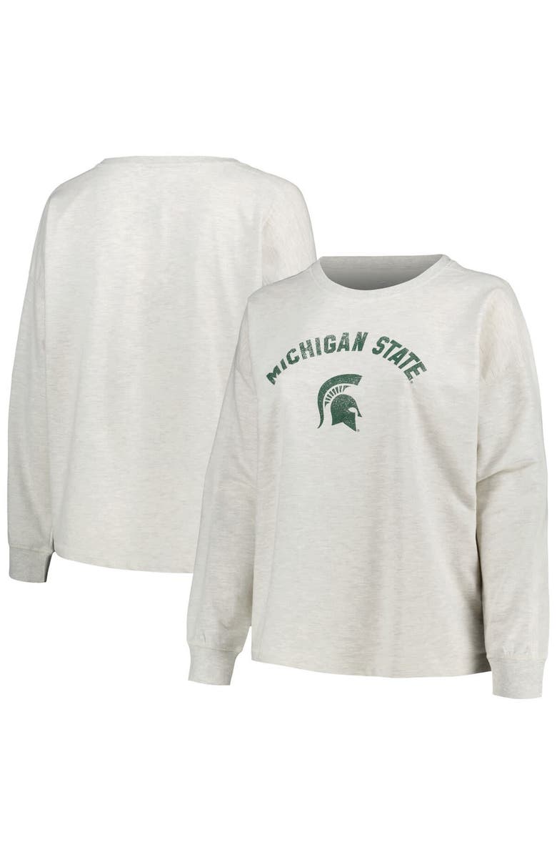 PROFILE Women's Profile Oatmeal Michigan State Spartans Plus Size Distressed Arch Over Logo Neutral Boxy Pullover Sweatshirt, Main, color, Oatmeal