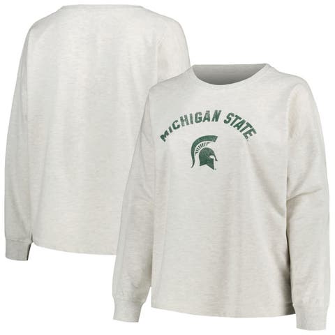 Women's Profile Oatmeal Michigan State Spartans Plus Size Distressed Arch Over Logo Neutral Boxy Pullover Sweatshirt