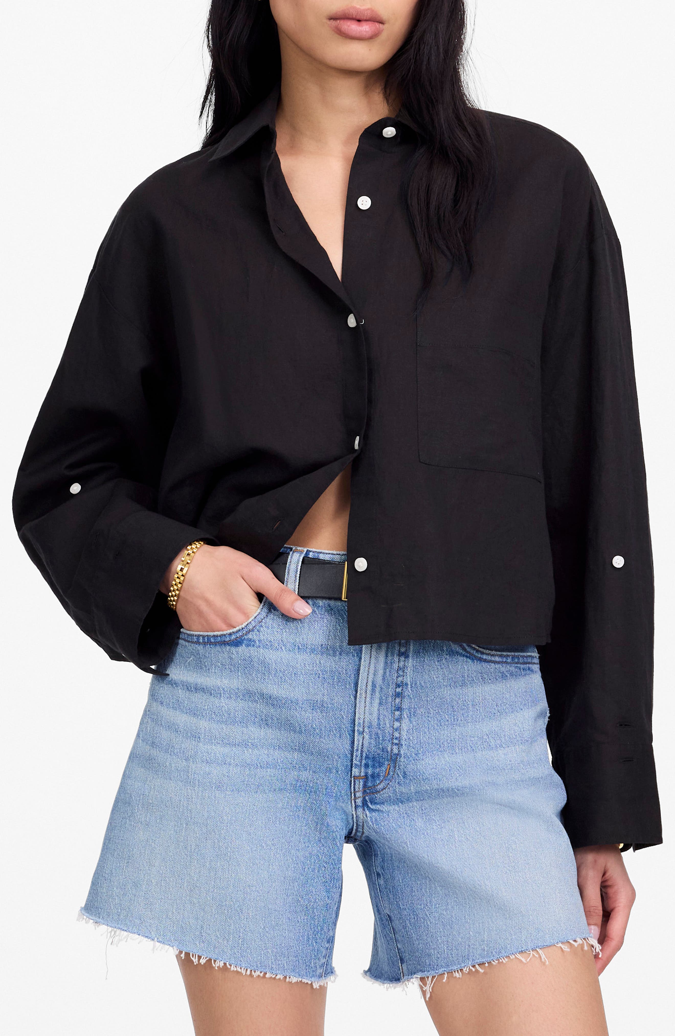 Madewell Straight Hem Crop Linen & Cotton Button-Up Shirt