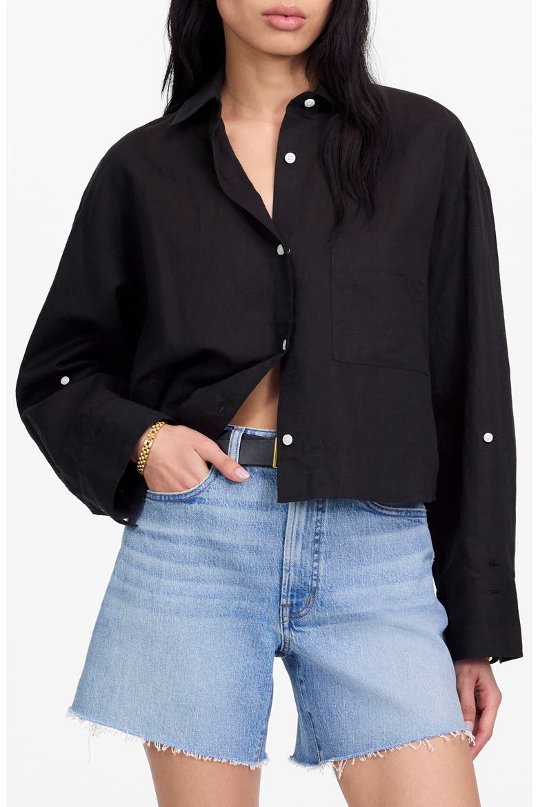 Straight Hem Crop Linen & Cotton Button-Up Shirt, Main, color, JET BLACK