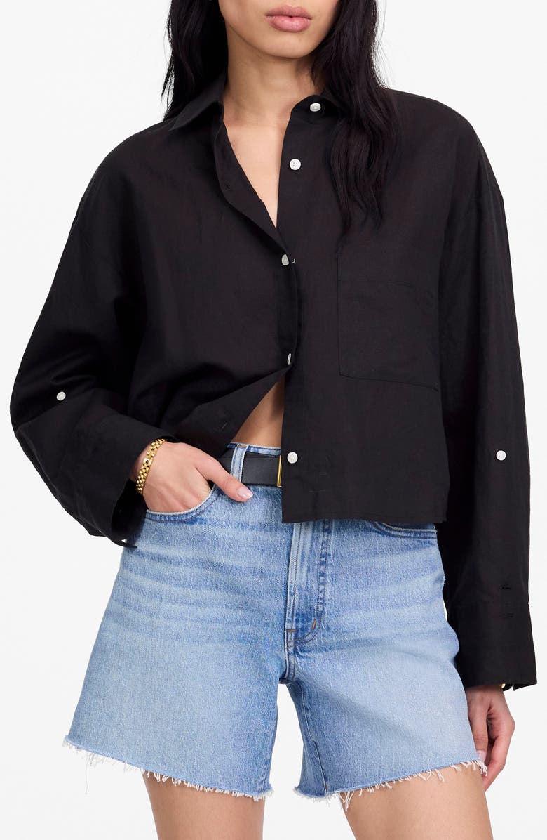 Madewell Straight Hem Crop Linen & Cotton Button-Up Shirt, Main, color, Jet Black