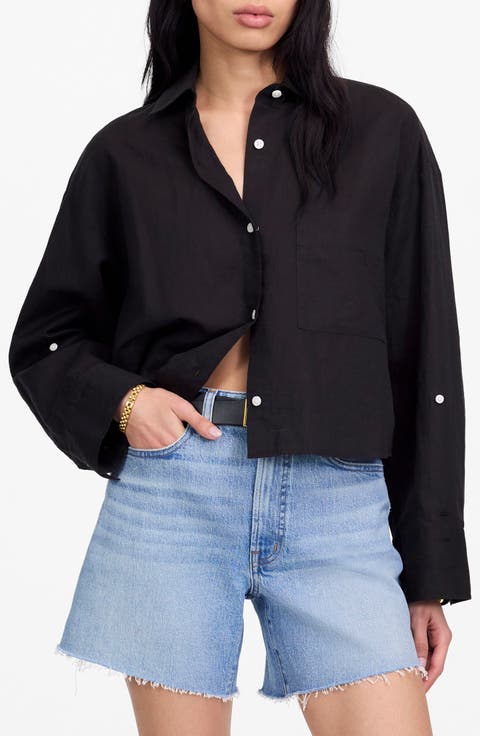 Straight Hem Crop Linen & Cotton Button-Up Shirt
