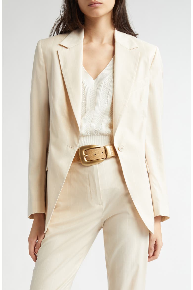 Pinstripe One-Button Stretch Virgin Wool Blend Blazer, Main, color, SAND