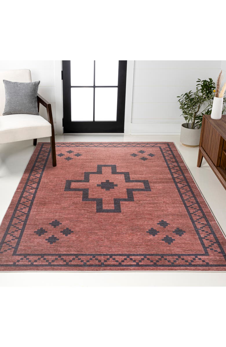 JONATHAN Y Korsa Geometric Medallion Machine-Washable Area Rug, Alternate, color, Red/Dark Gray