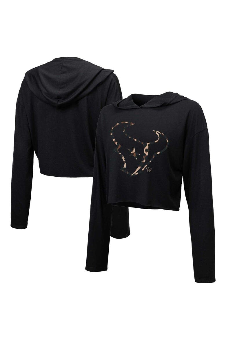 Women's Majestic Threads Black Houston Texans Leopard Cropped Pullover Hoodie, Main, color, Black