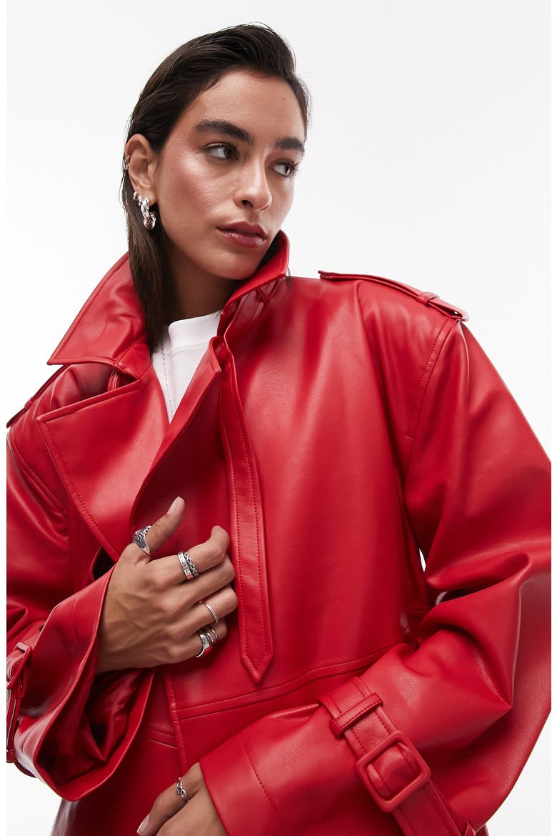 Belted Faux Leather Trench Coat, Alternate, color, RED