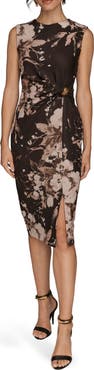 Donna Karan New York Poly Floral Print Cap Sleeve Midi Dress