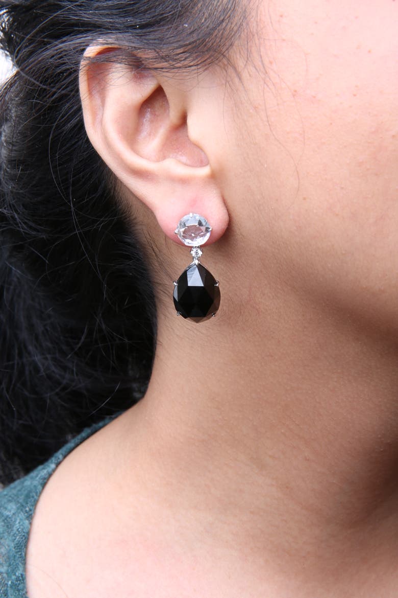 18K White Gold 1/5 Ct Diamond with White Topaz & Black Onyx Gemstone Dangle Earring, Alternate, color, White