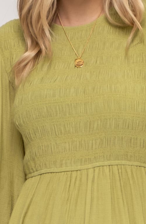 August Sky Smocked Long Sleeve Tiered Dress In Green