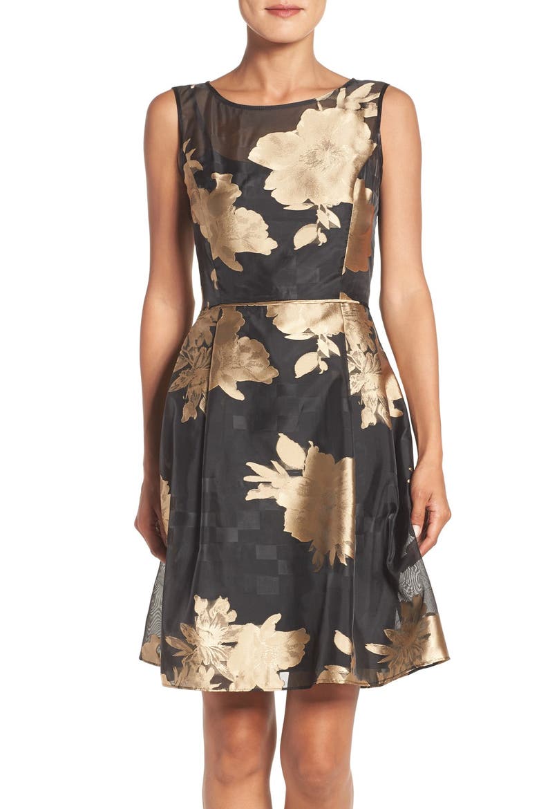 Burnout Floral Fit & Flare Dress, Main, color, BLACK/ GOLD