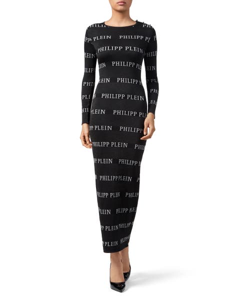 Lurex Logo Jacquard Long Sleeve Maxi Dress Women