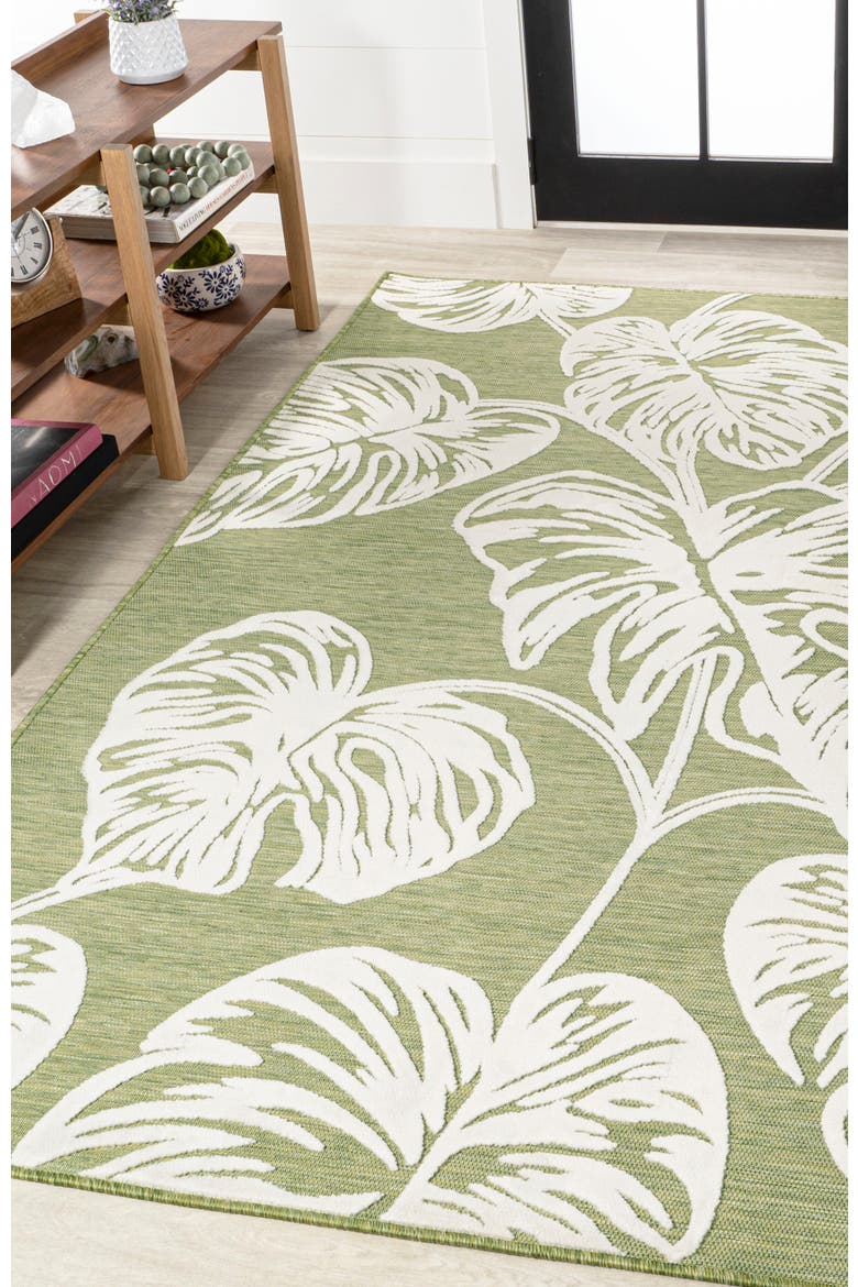 Tobago High-Low Two-Tone Monstera Leaf Indoor/Outdoor Area Rug, Alternate, color, Light Green/Ivory