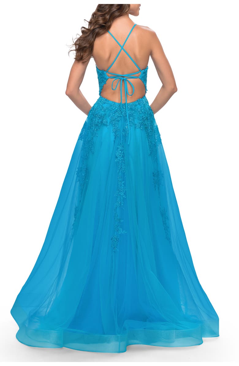 La Femme Tulle Prom Dress with Floral Detail and Side Slit, Alternate, color, Aqua