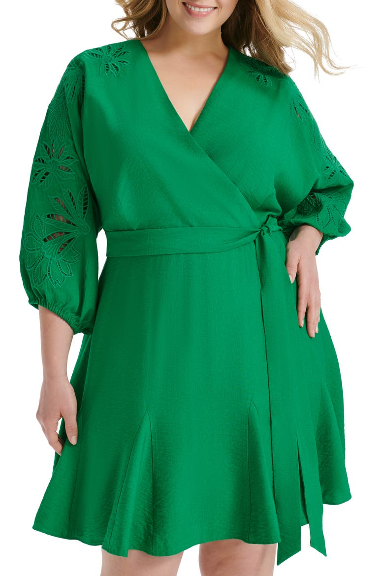 Floral Balloon Sleeve Faux Wrap Dress, Alternate, color, GRASS GREEN