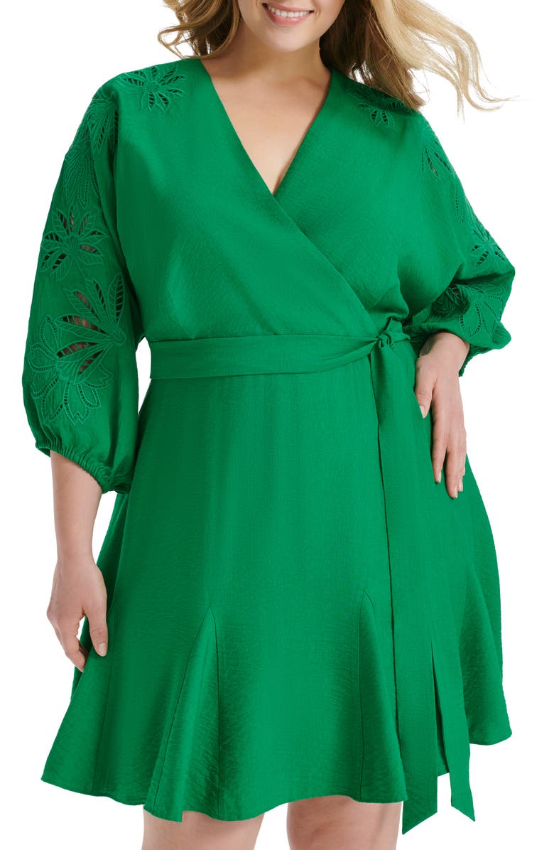 DKNY Floral Balloon Sleeve Faux Wrap Dress, Alternate, color, Grass Green