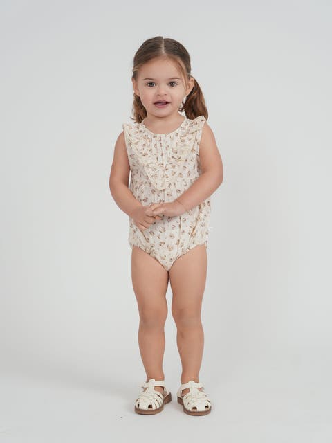 Baby Girl Floral V‑Neck Bubble Romper, 100% Cotton, Fully Lined, 9 Months