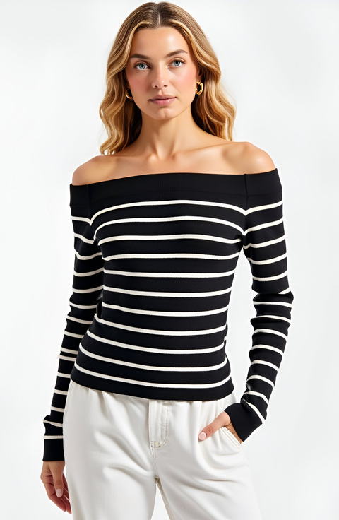 Striped Off-the-Shoulder Knit Long-Sleeve Fitted Top