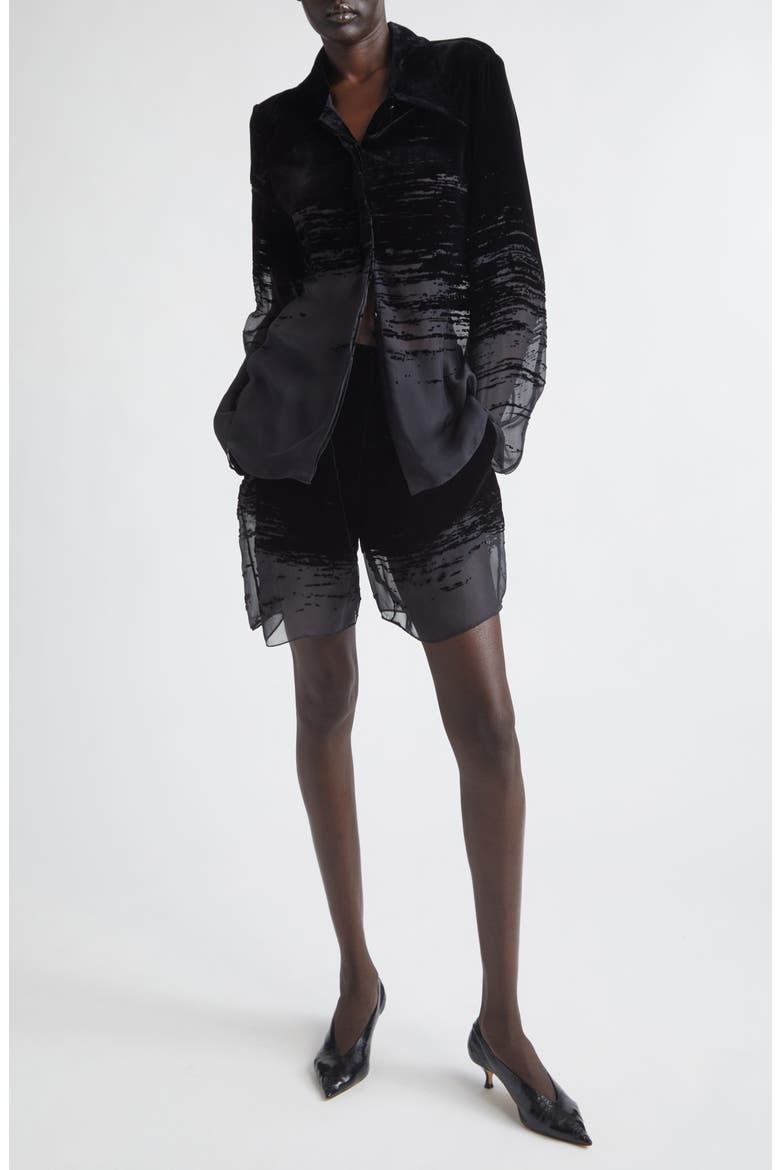 Glitch Devoré Velvet & Sheer Chiffon Button-Up Shirt, Alternate, color, BLACK