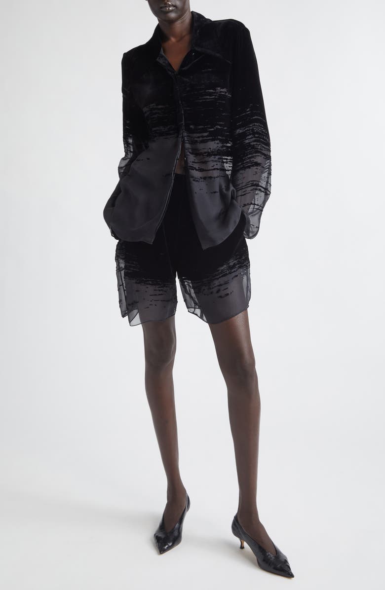 GRACE LING Glitch Devoré Velvet & Sheer Chiffon Shorts, Alternate, color, Black