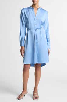 Band Collar Long Sleeve Satin Dress