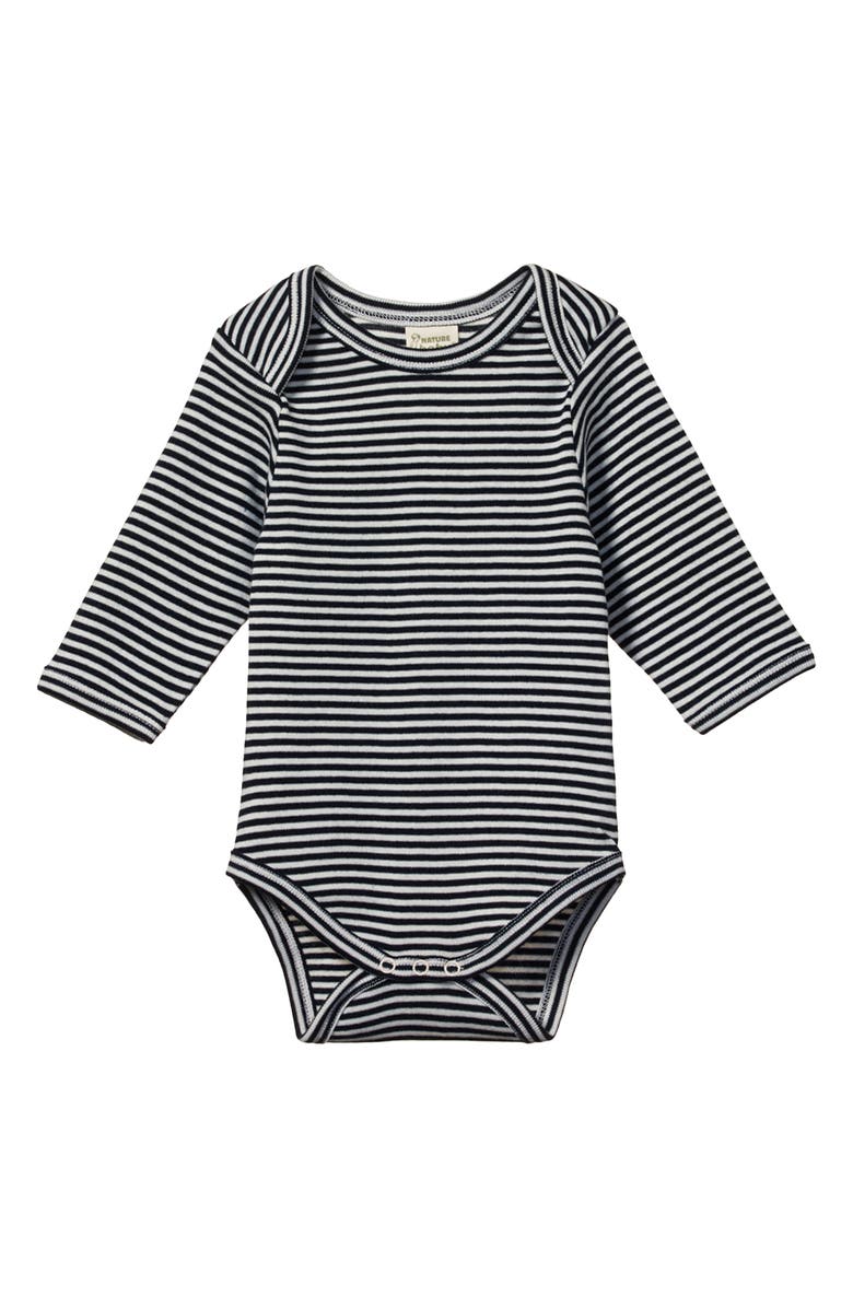 NATURE BABY Long Sleeve Bodysuit, Main, color, Navy Stripe