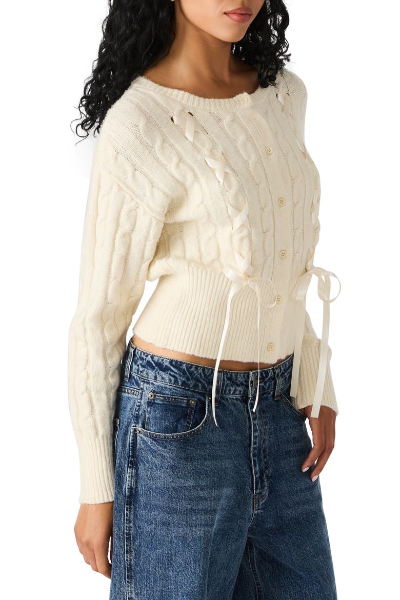 Saidee Ribbon Detail Cable Cardigan, Alternate, color, ANTIQUE WHITE