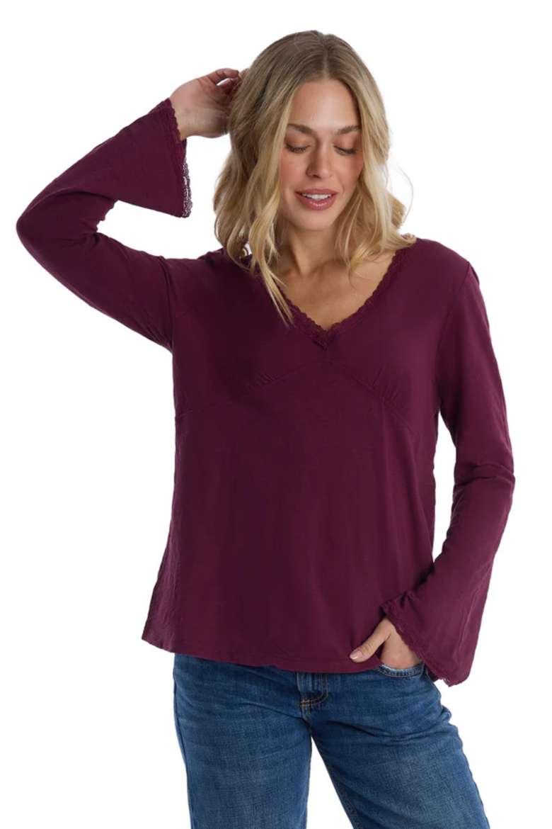 V-Neck Long Sleeve Empire Seam Trapeze Tee with Lace Trims, Alternate, color, Dark Fig