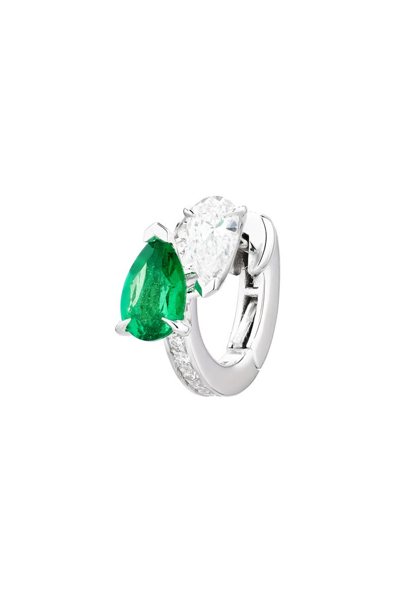 Serti Sur Vide Diamond & Emerald Single Hoop Earring, Main, color, WHITE GOLD/ EMERALD
