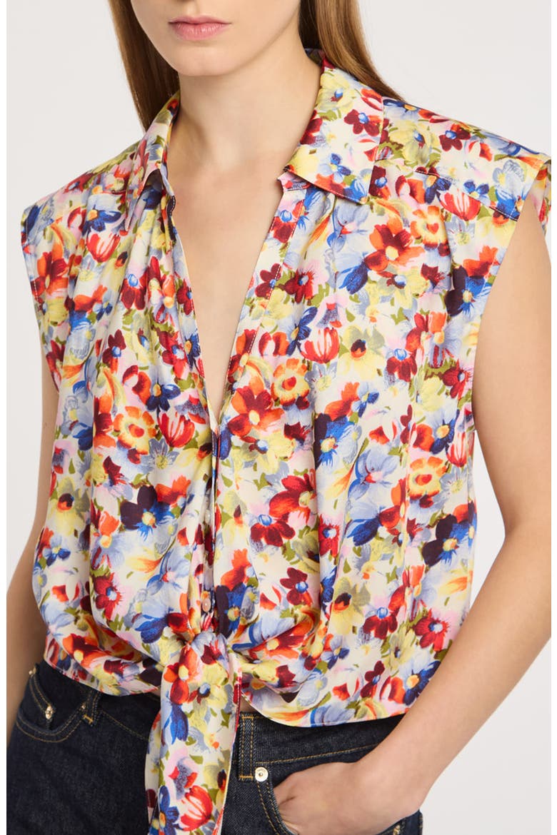 Wildflower Bunch Tie Front Crop Button-Up Shirt, Main, color, GARDENIA MULTI