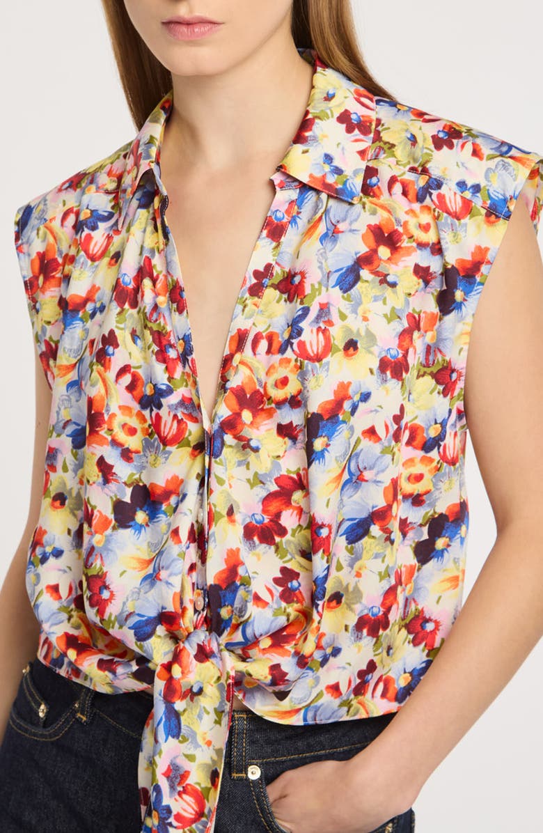 Cinq à Sept Wildflower Bunch Tie Front Crop Button-Up Shirt, Main, color, Gardenia Multi