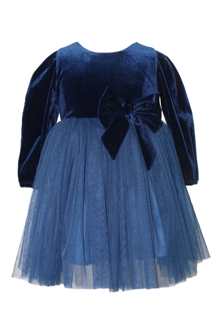 Kids' Long Sleeve Velvet & Tulle Party Dress, Main, color, NAVY