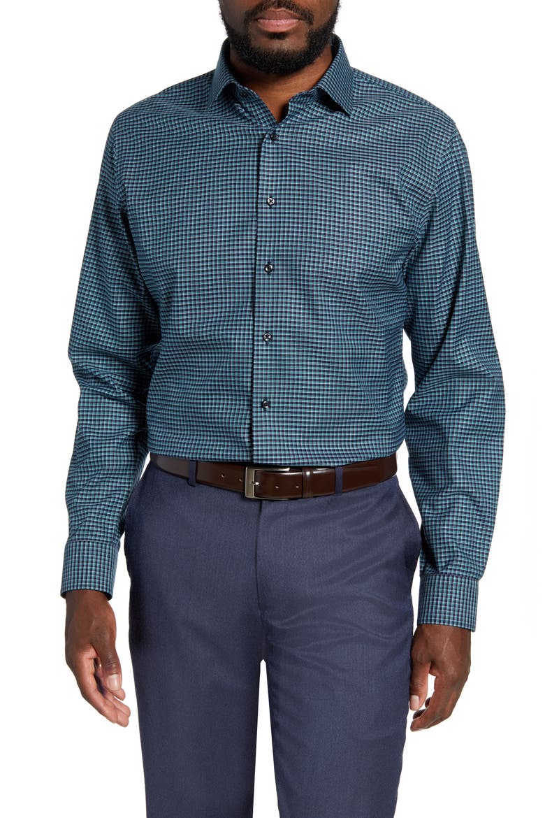 Trim Fit Non-Iron Check Dress Shirt, Main, color, TEAL PEACOCK