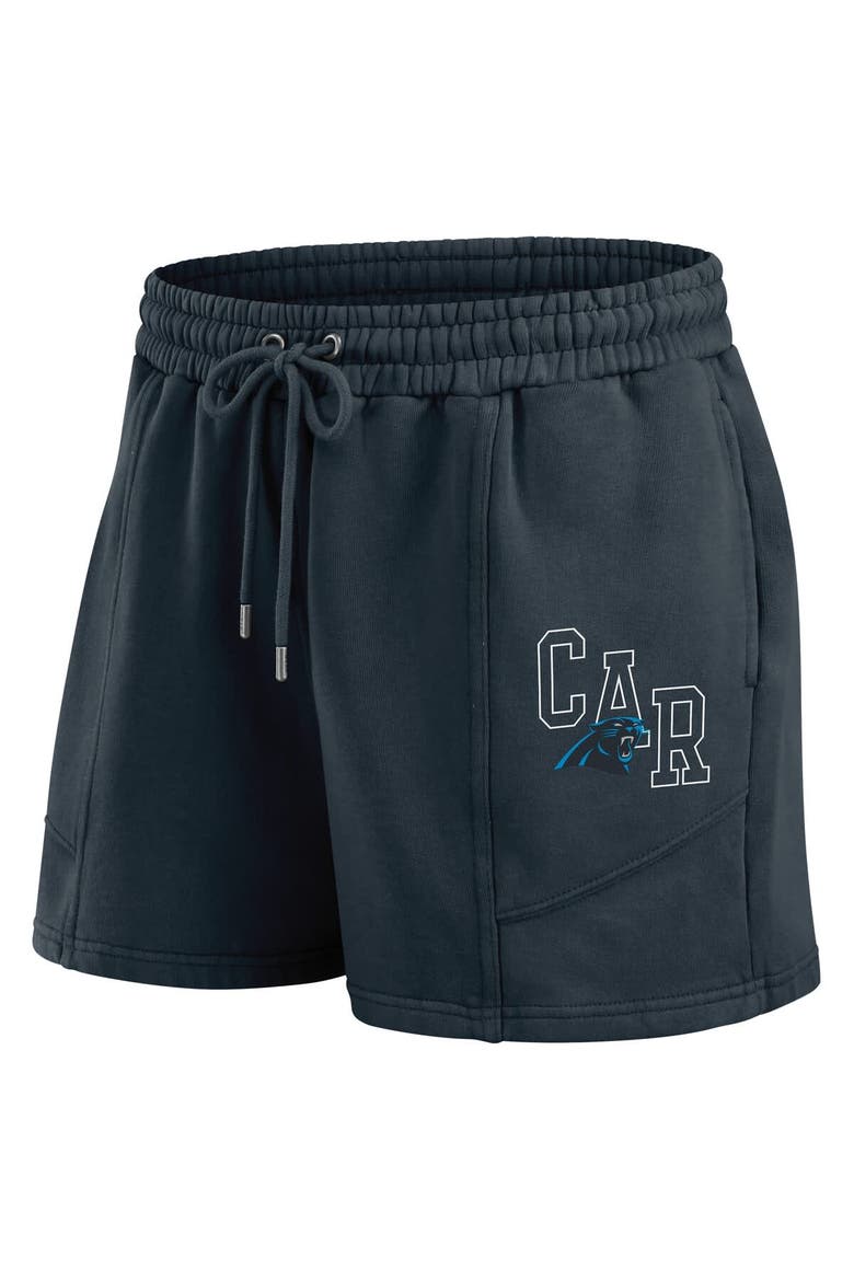 Women's WEAR by Erin Andrews Black Carolina Panthers Washed Fleece Long Sleeve T-Shirt & Shorts Lounge Set, Alternate, color, Black