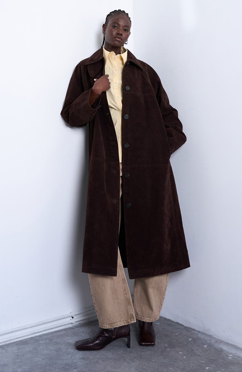 Topshop Long Faux Suede Car Coat, Alternate, color, Brown