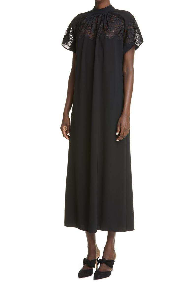 Lace Yoke Blouson Midi Dress, Alternate, color, BLACK