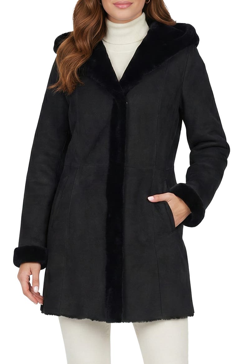 Merino Shearling Hooded Coat, Main, color, BLACK