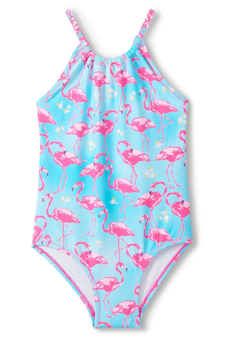 Whimsical Flamingos One-Piece Swimsuit, Main, color, BLUE