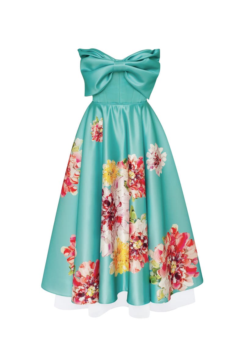 A-Line Satin Floral Print Midi Dress for Cocktail Events, Alternate, color, Aquamarine Floral