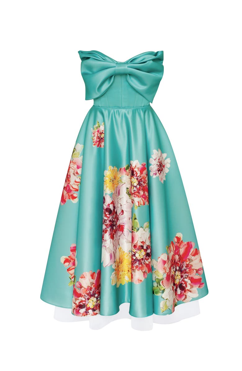 Milla A-Line Satin Floral Print Midi Dress for Cocktail Events, Alternate, color, Aquamarine Floral