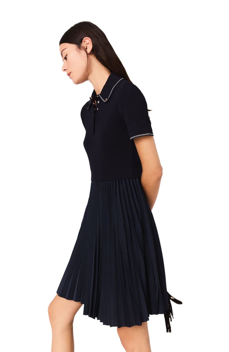 maje Mini pleated polo collar dress, Alternate, color, Navy