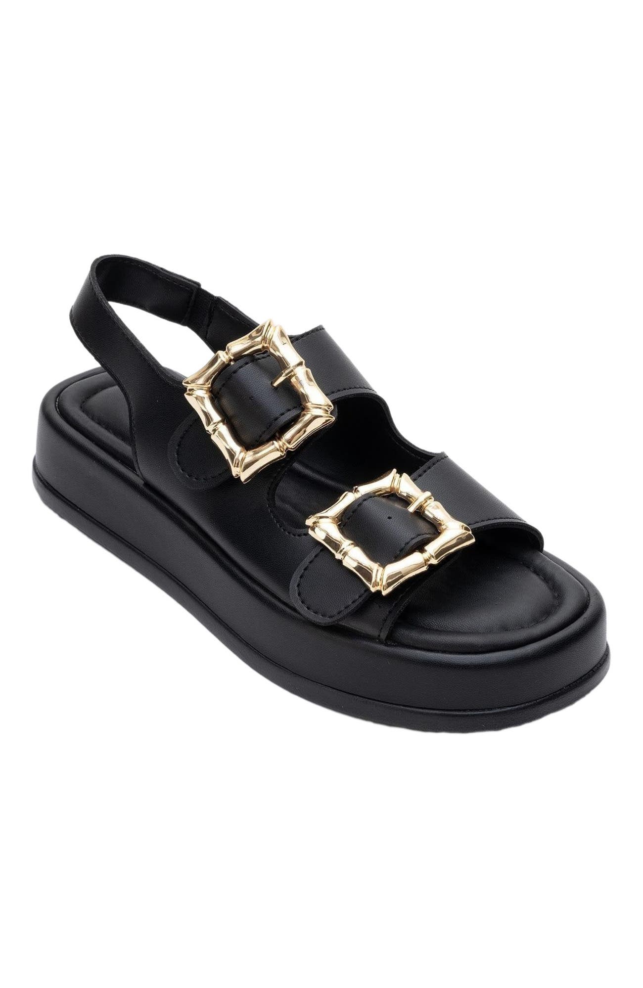 Slope Double Strap Sandal, Main, color, Black Faux Leather