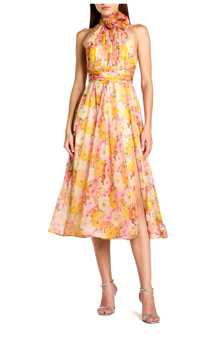 Mac Duggal Printed Chiffon Mock Neck Sleeveless Midi Dress, Main, color, Yellow Multi