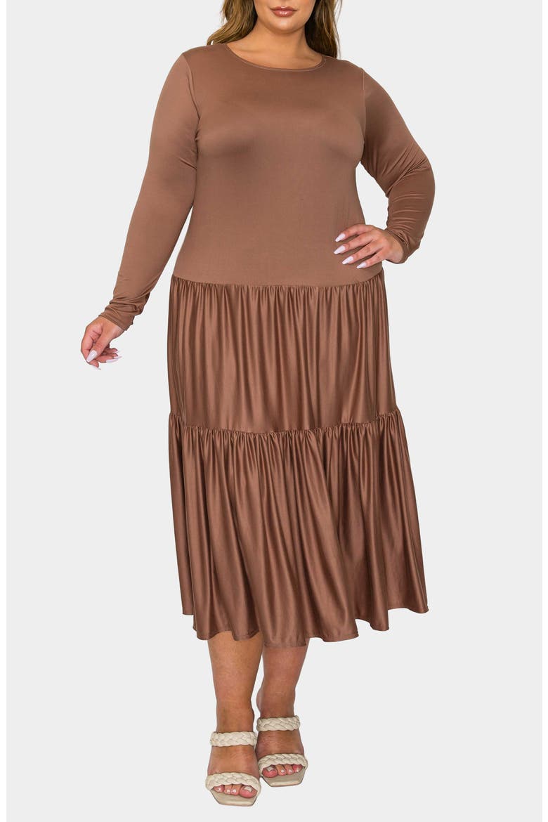Eliana Long Sleeve Tiered Midi Dress, Alternate, color, ESPRESSO