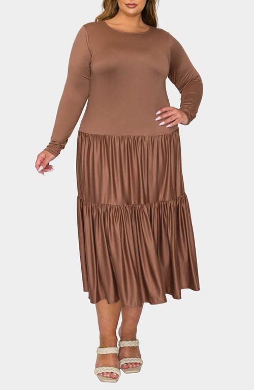 L I V D Eliana Long Sleeve Tiered Midi Dress In Brown