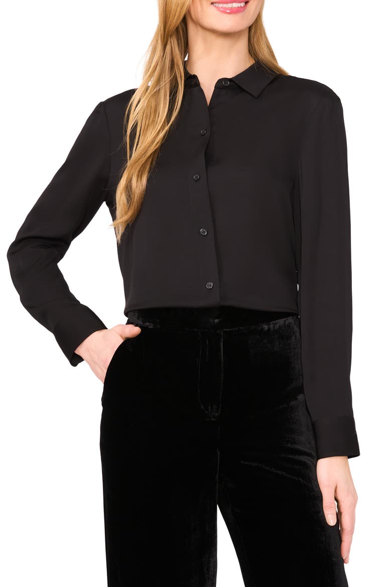 Long Sleeve Georgette Button-Up Shirt, Main, color, RICH BLACK