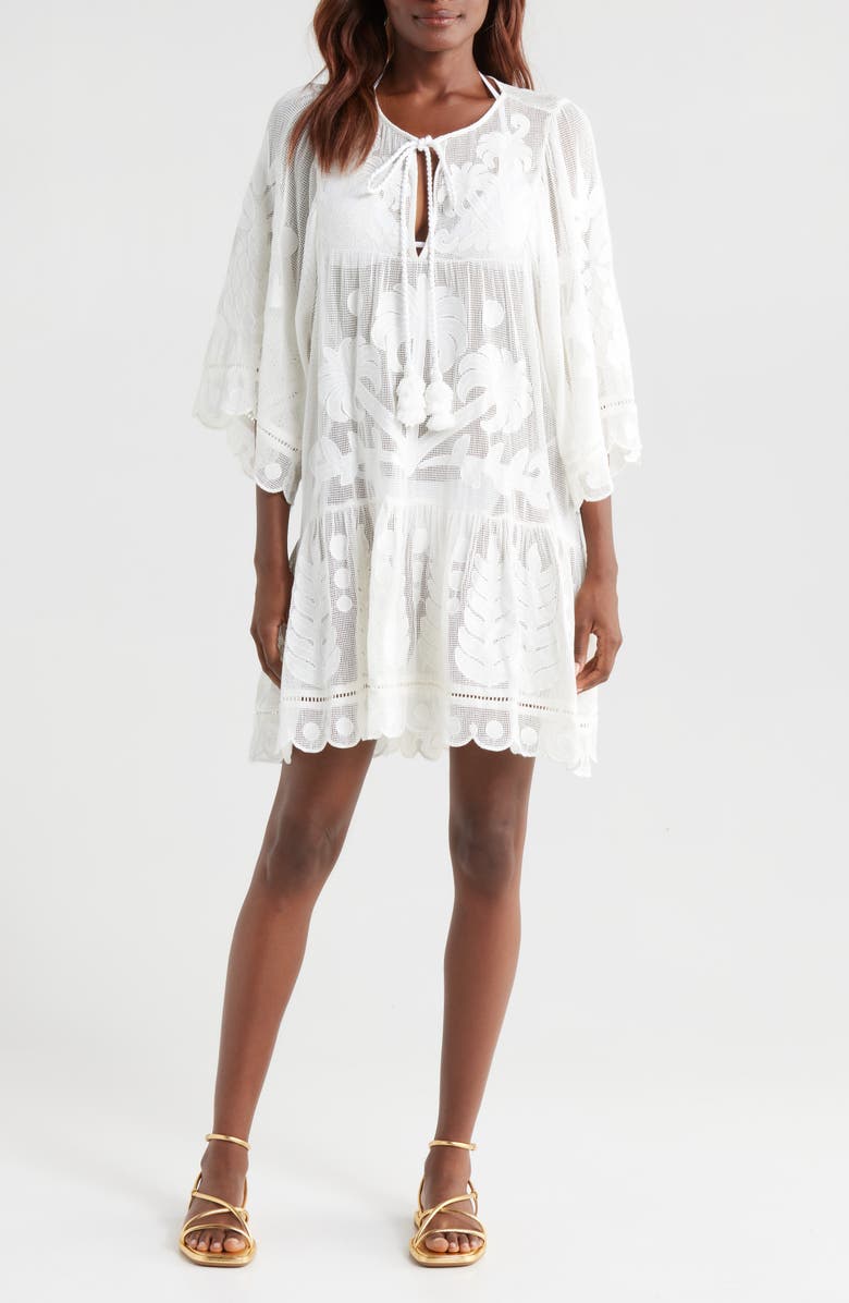 FARM Rio Palm Tree Appliqué Cotton Mesh Cover-Up Dress, Main, color, 