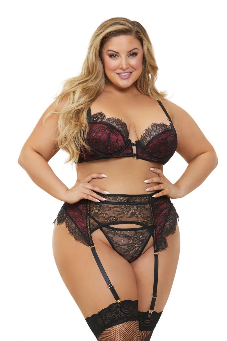 Lace Bra, Garter Belt & Thong Set, Alternate, color, BLACK/ WINE